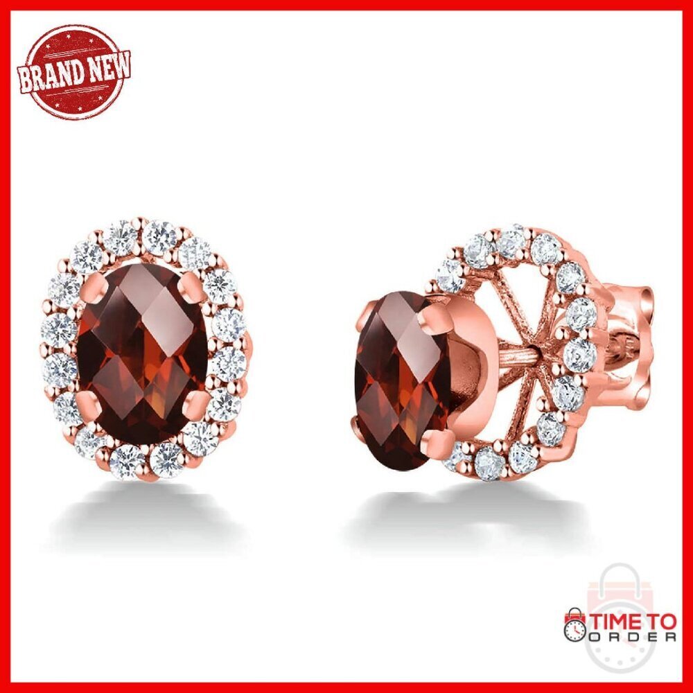 Rose Gold Plated Silver Oval Garnet Stud Earrings 7x5mm